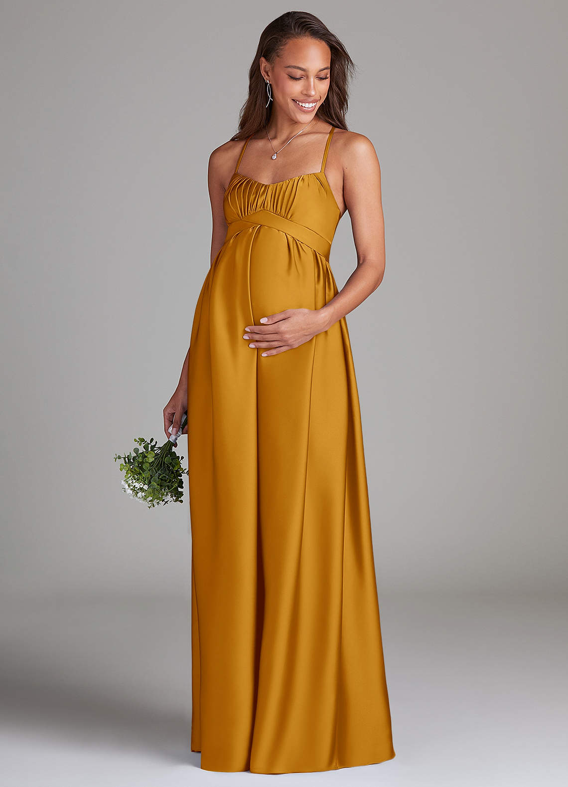Azazie Llana Maternity Bridesmaid Dresses A-Line Stretch Satin Floor-Length Dress with Pockets image1