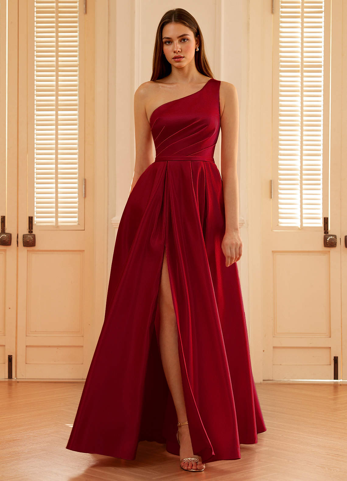 Millie Burgundy One Shoulder A-line Satin Prom Dress Ready to Ship