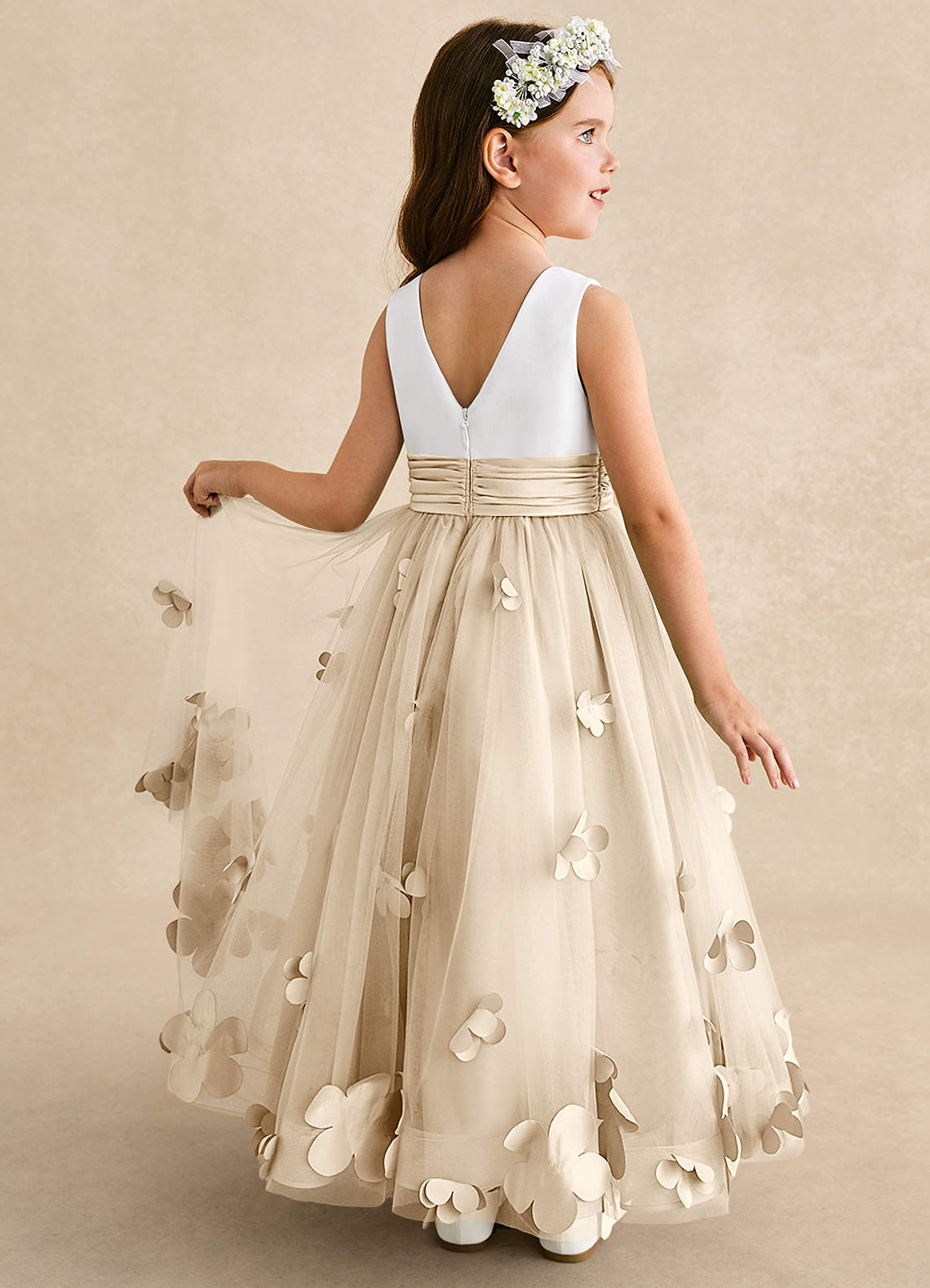 Azazie Vi Flower Girl Dresses Champagne A-Line Sleeveless Tulle Dress image1