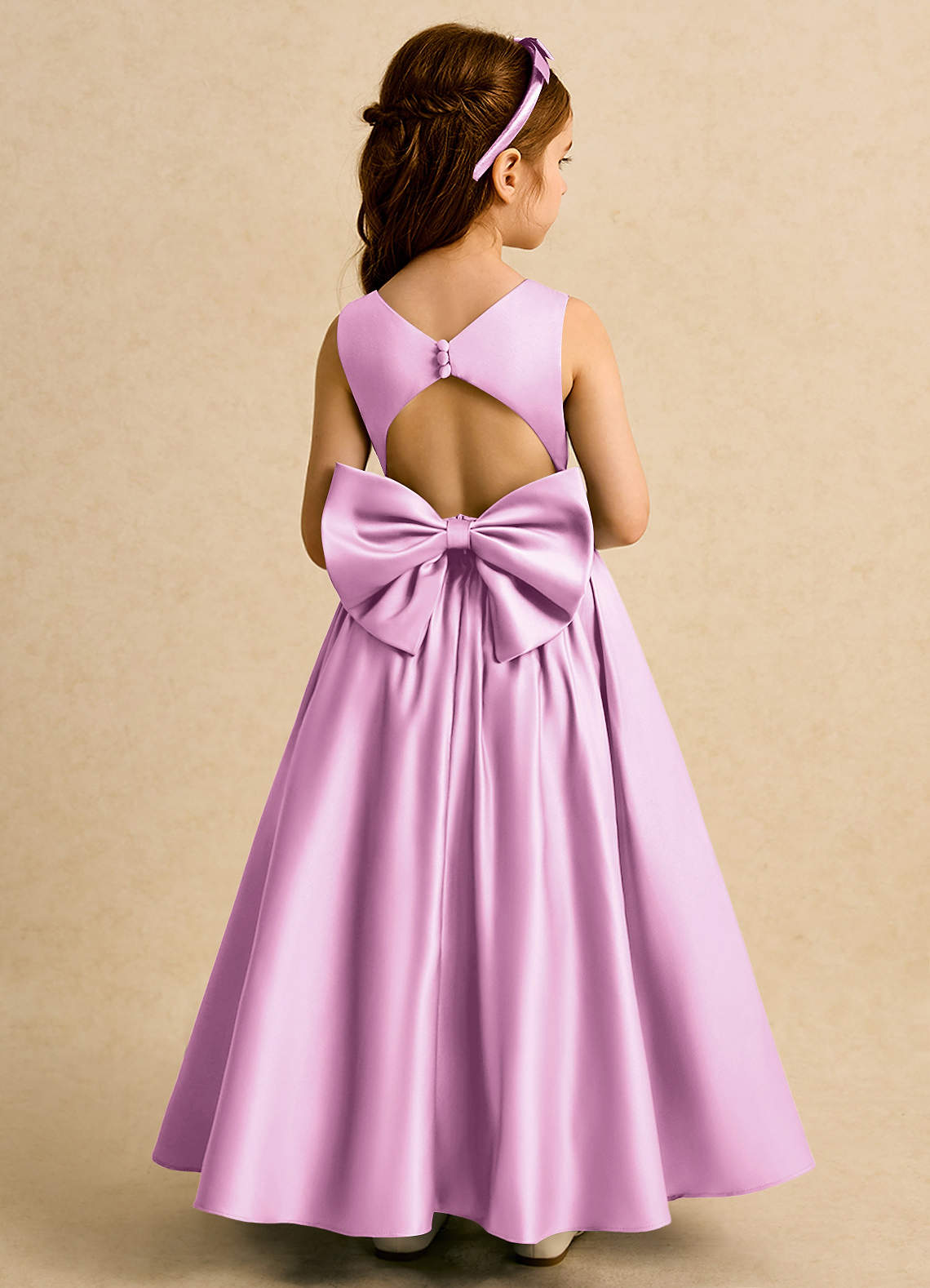 Azazie Nellia vestidos de niña de las flores Vestido de Rosa Caramelo de Satin Mate de Corte En A con Lazo image1