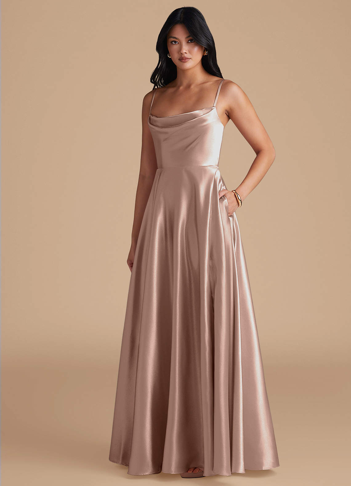 Azazie Elle Bridesmaid Dresses Taupe A-Line with Pockets Metallic Satin Dress image1