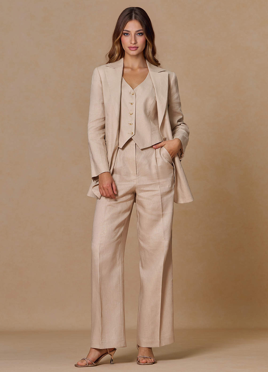 front Belicia Tan 100% Linen Pants