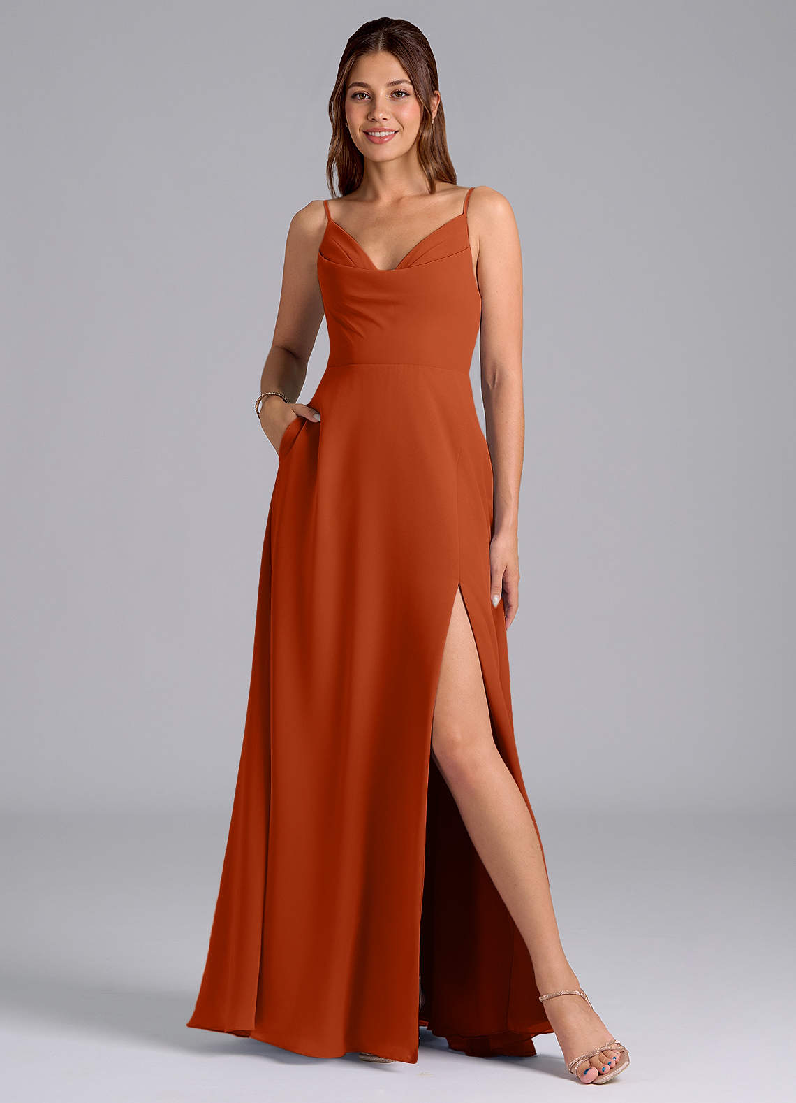 Azazie Sarella Bridesmaid Dresses Burnt Orange A-Line with Pockets Chiffon Dress image1