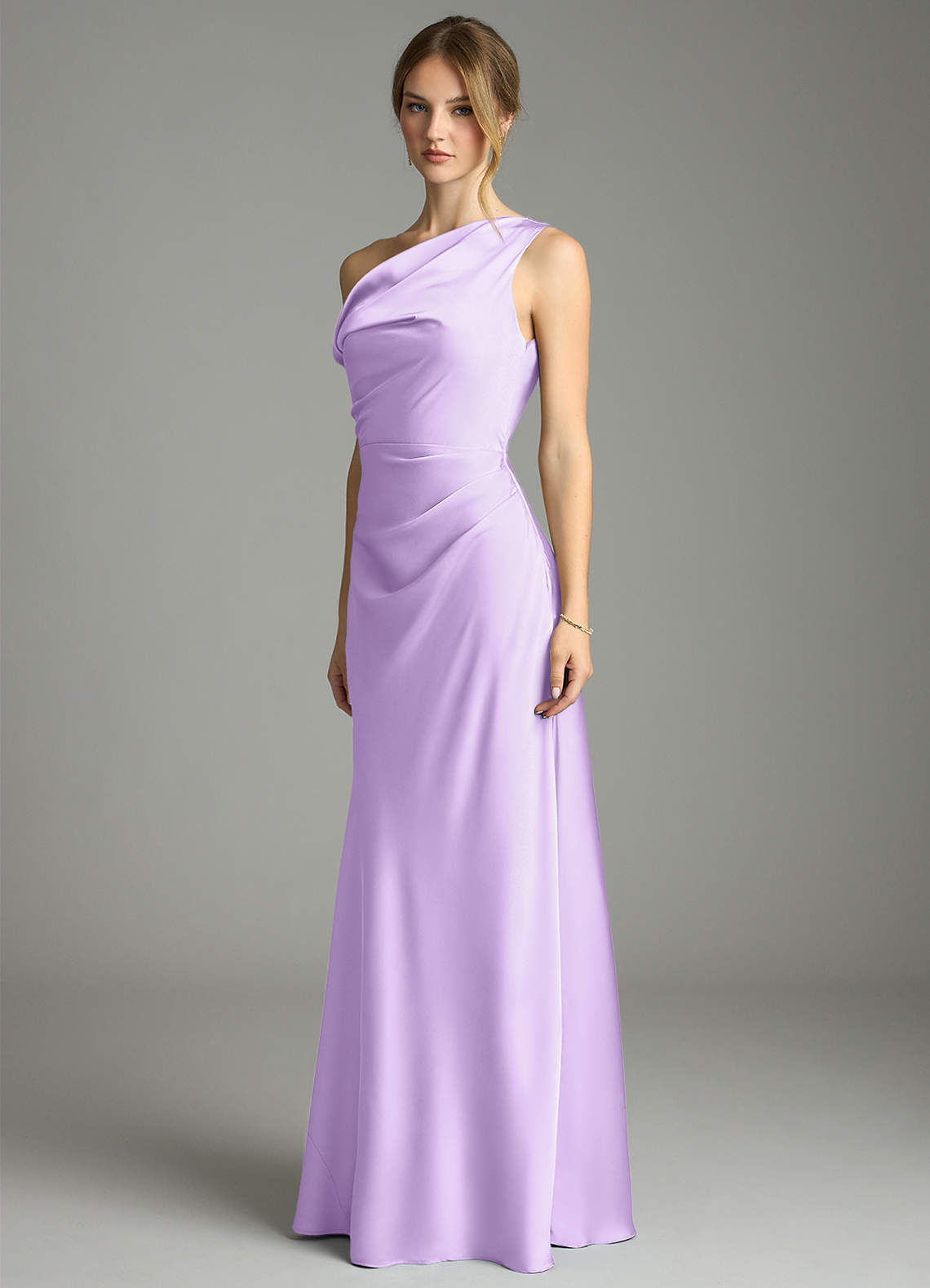 Azazie Emerson Bridesmaid Dresses Lilac Mermaid Off the Shoulder Stretch Satin Dress image1