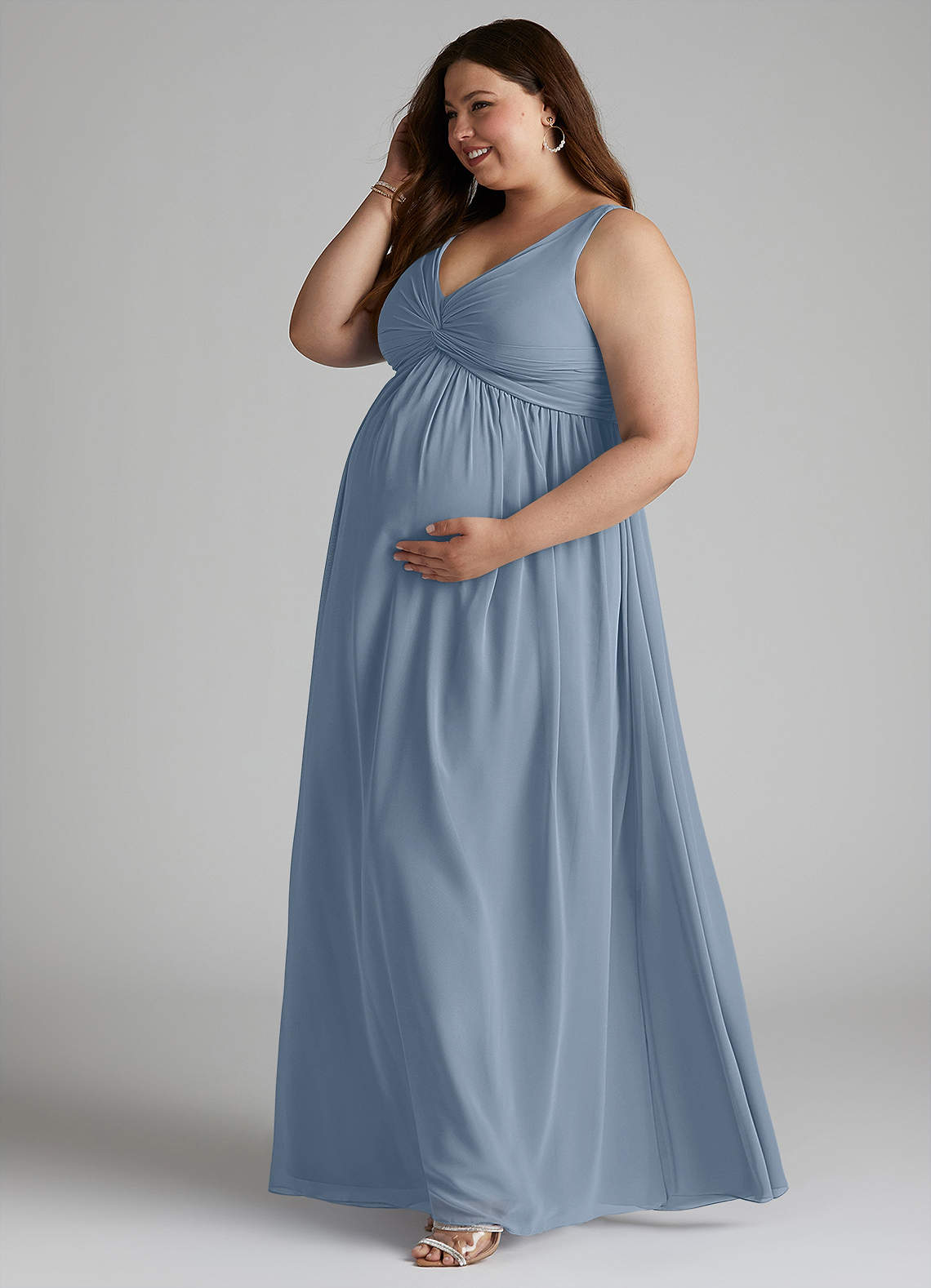 Azazie Yetta Maternity Bridesmaid Dresses A-Line V-Neck Gathered Chiffon Floor-Length Dress image9