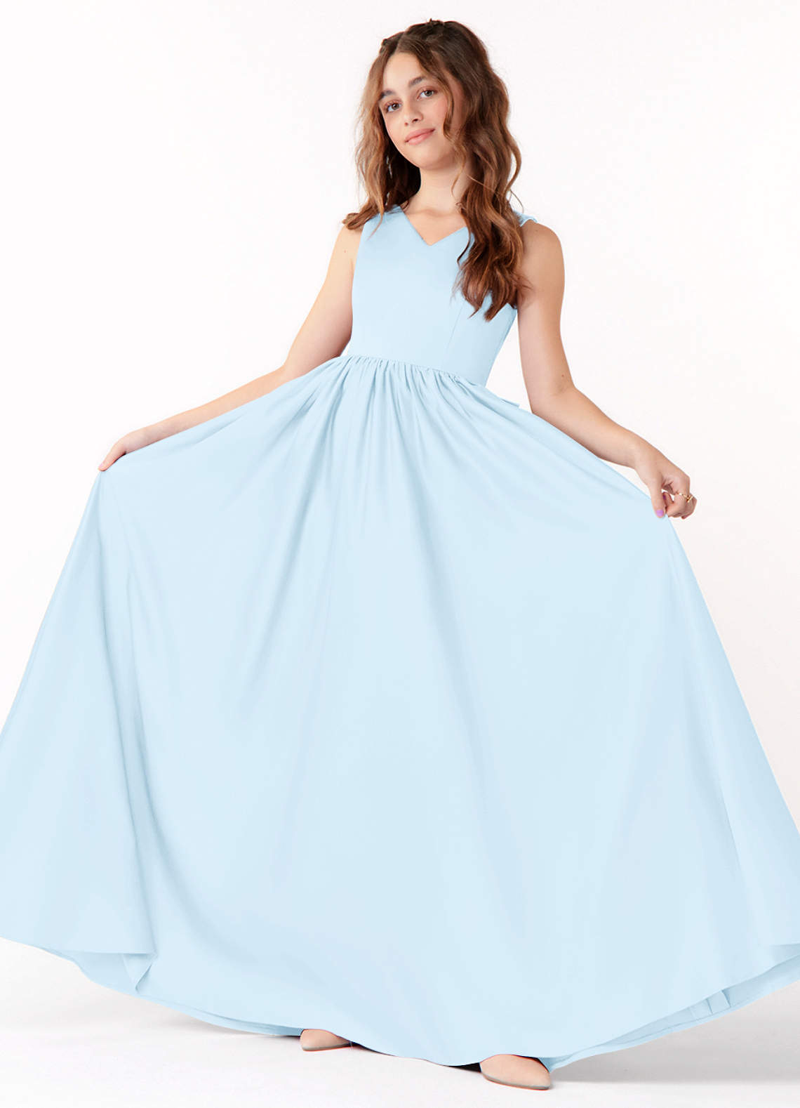 Azazie Hathaway Junior Vestido de Azul Cielo de Satin Mate de Corte En A con Lazo image1