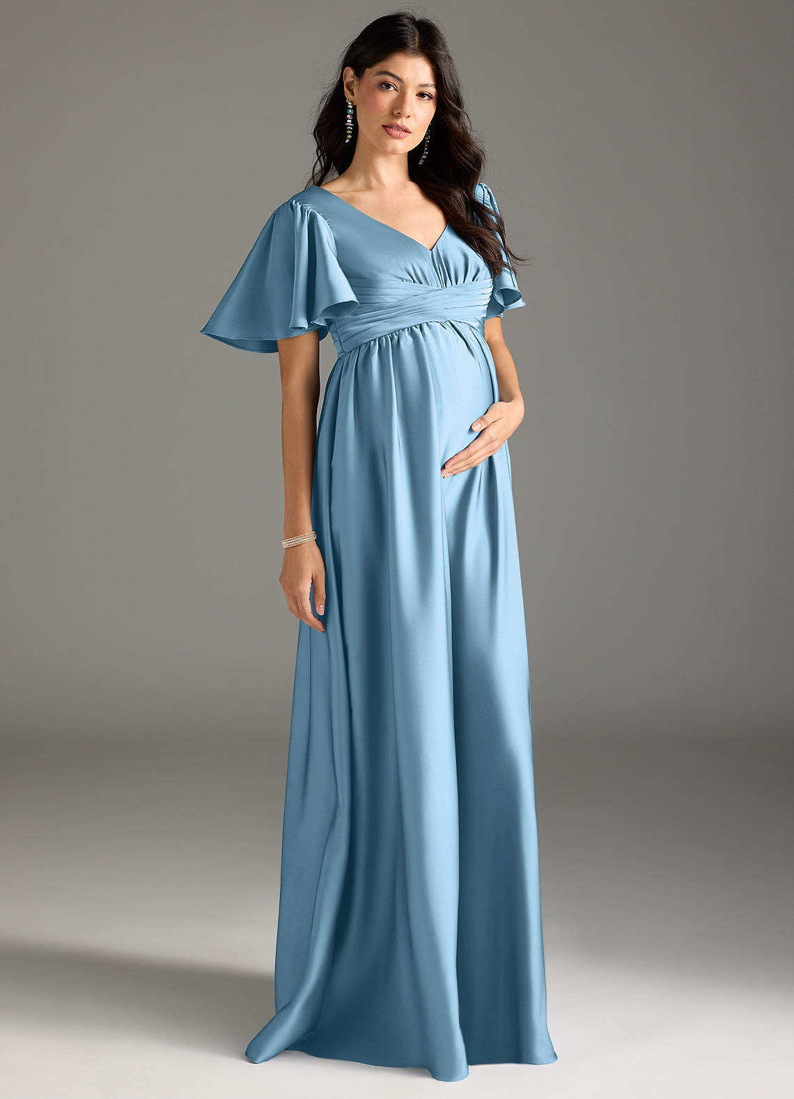 Azazie Verna Maternity Bridesmaid Dresses A-Line Ruched Stretch Satin Floor-Length Dress image4