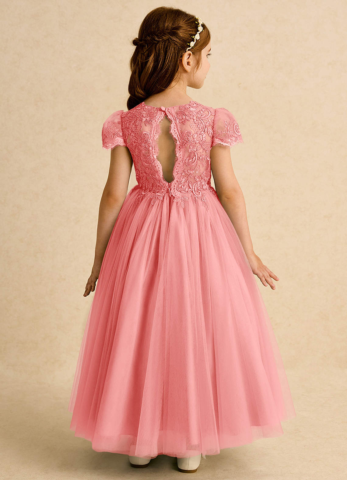 Azazie Puff Flower Girl Dresses Coral Ball-Gown Lace Tulle Dress image1