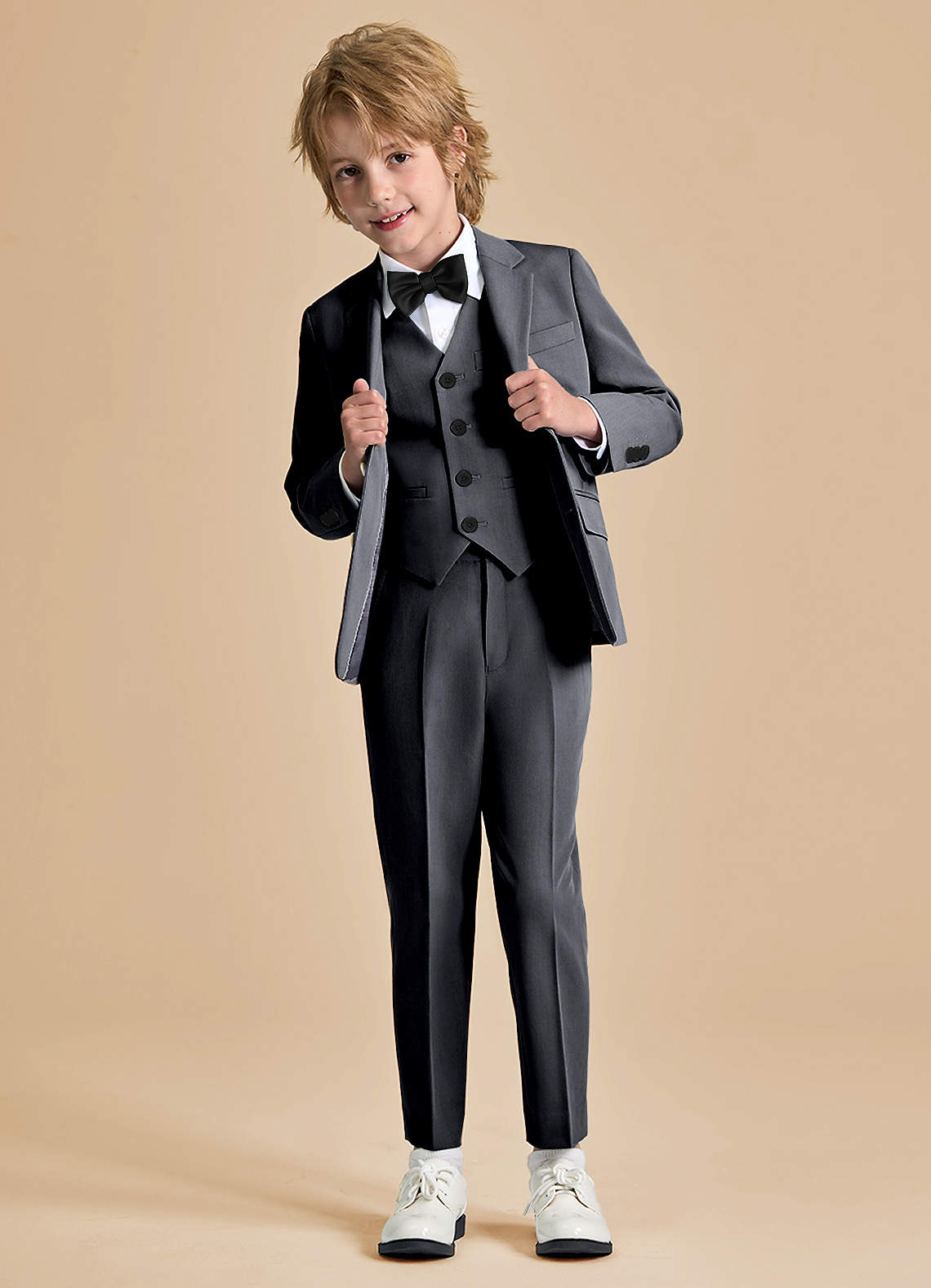 front Oliver Boys Charcoal 5-Piece Suit With Bow Tie