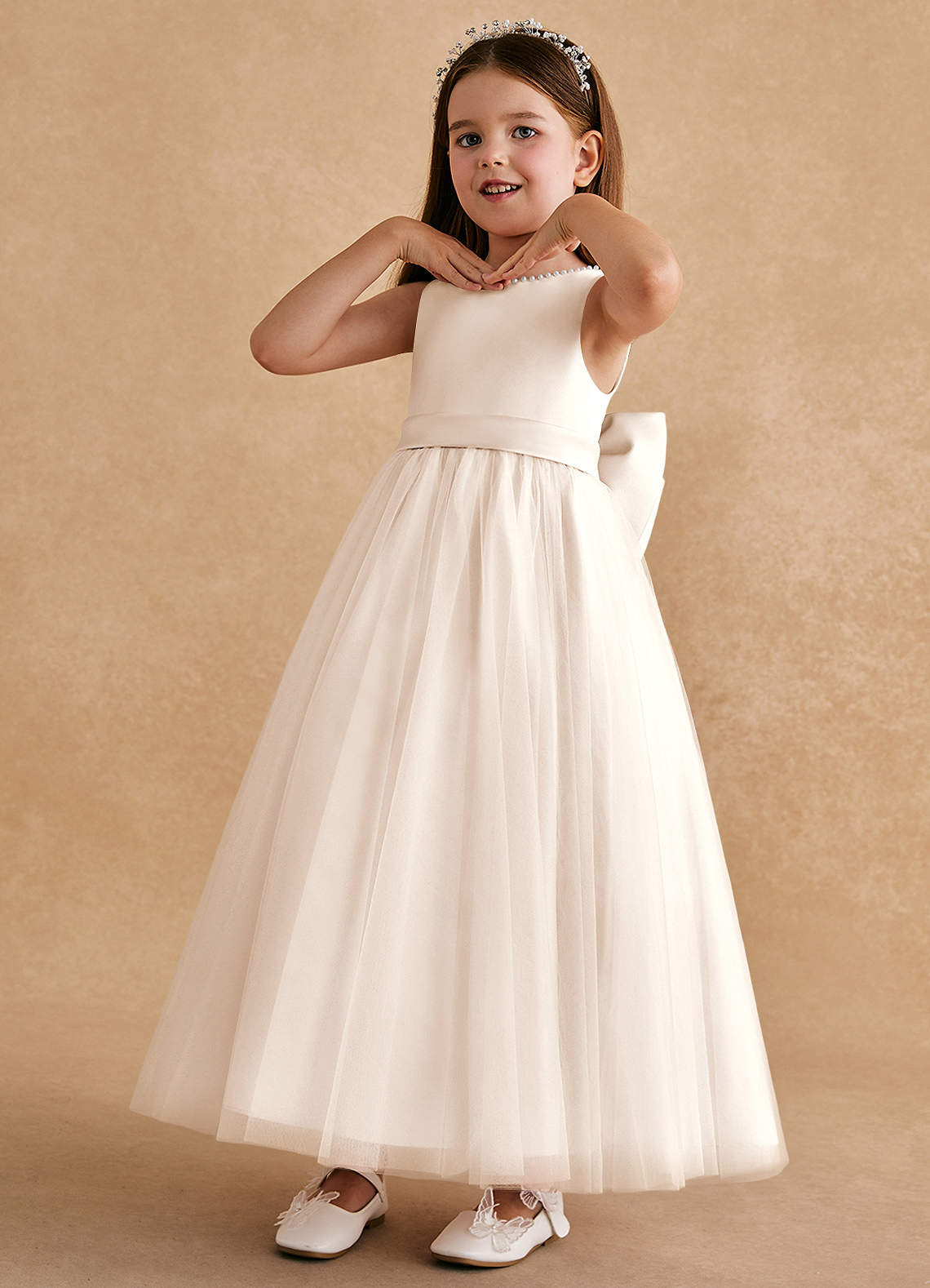 Azazie Cookie Flower Girl Dresses White Alabaster A-Line Bow Tulle Dress image3