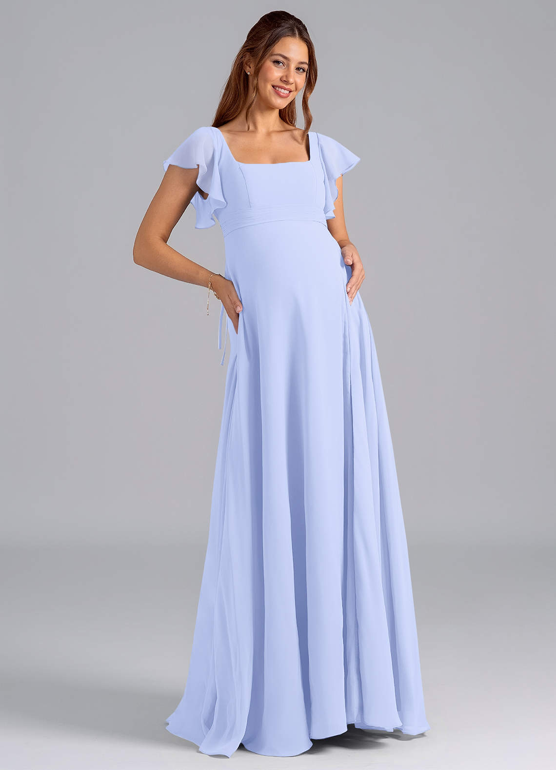 Azazie Bondi Zwangerschaps Bruidsmeisjekleding A-Lijn Ruches Chiffon Vloerlengte Jurk image1