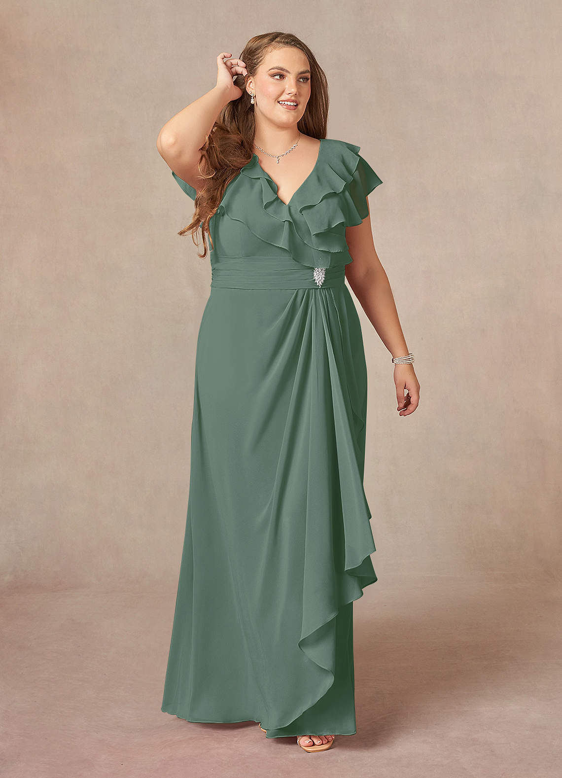 Azazie Snapdragon Mother of the Bride Dresses Eucalyptus A-Line V-Neck Ruched Chiffon Dress image1