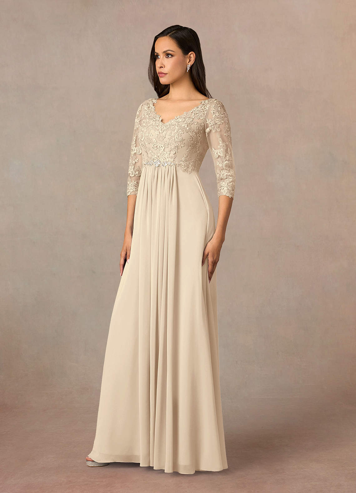 Azazie Hayek Mother of the Bride Dresses Champagne A-Line V-Neck Lace Chiffon Dress image1