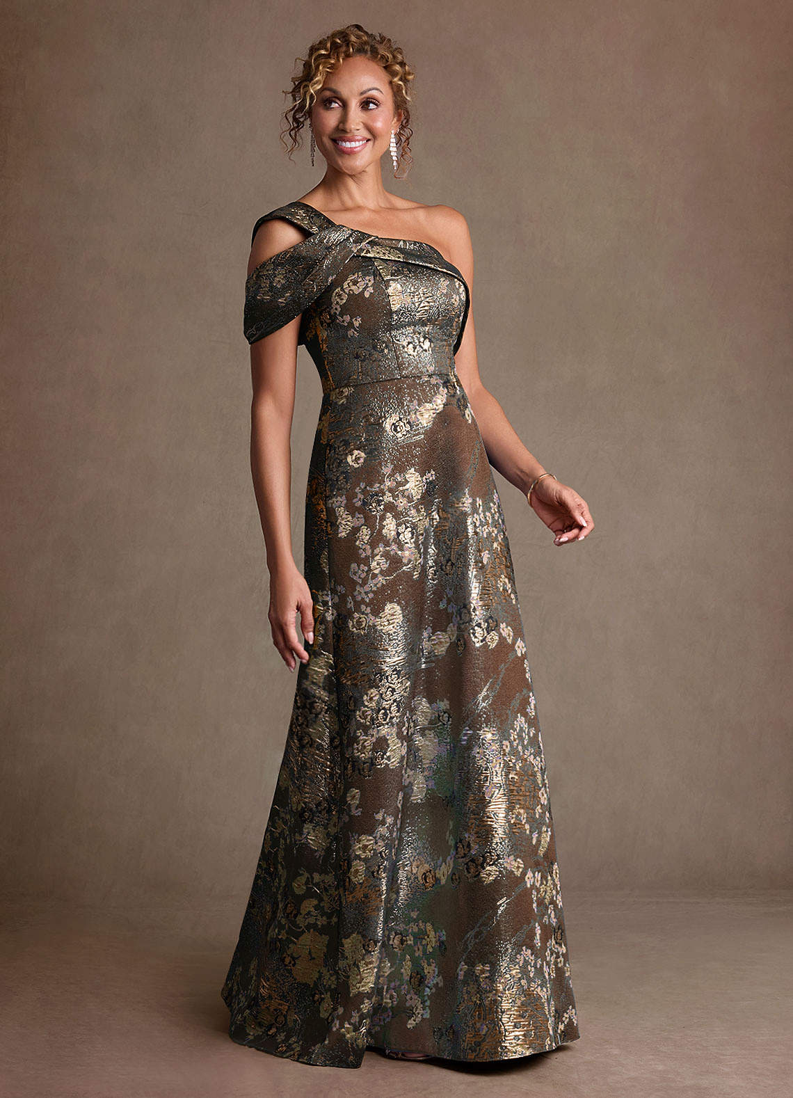 Azazie Yeshe Mocha Coco A-Line Pleated Floral Jacquard Dress Ready