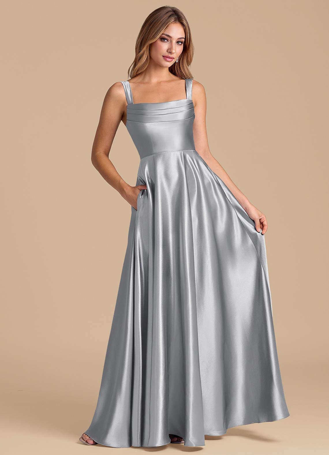 Azazie Shaude Bridesmaid Dresses Silver A-Line Pleated Metallic Satin Dress image2