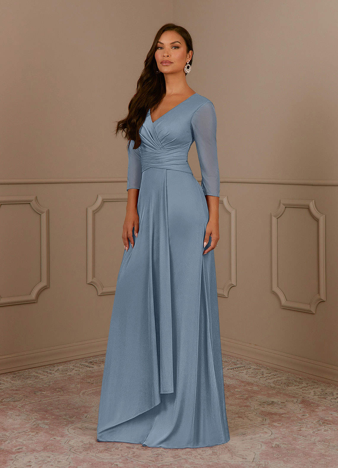 Azazie Annetta Abiti per la Madre della Sposa Abito A-Line in Maglia Plissettao con Scollo a V Blu Polveroso image1
