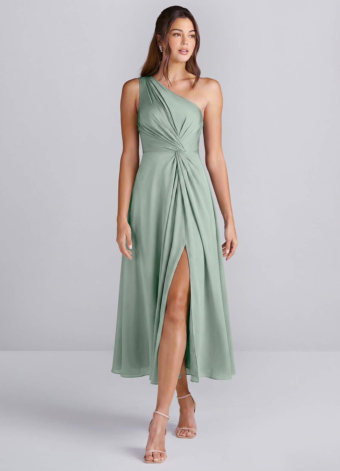 Hermine Agave Green One Shoulder Satin Slit Midi Dress