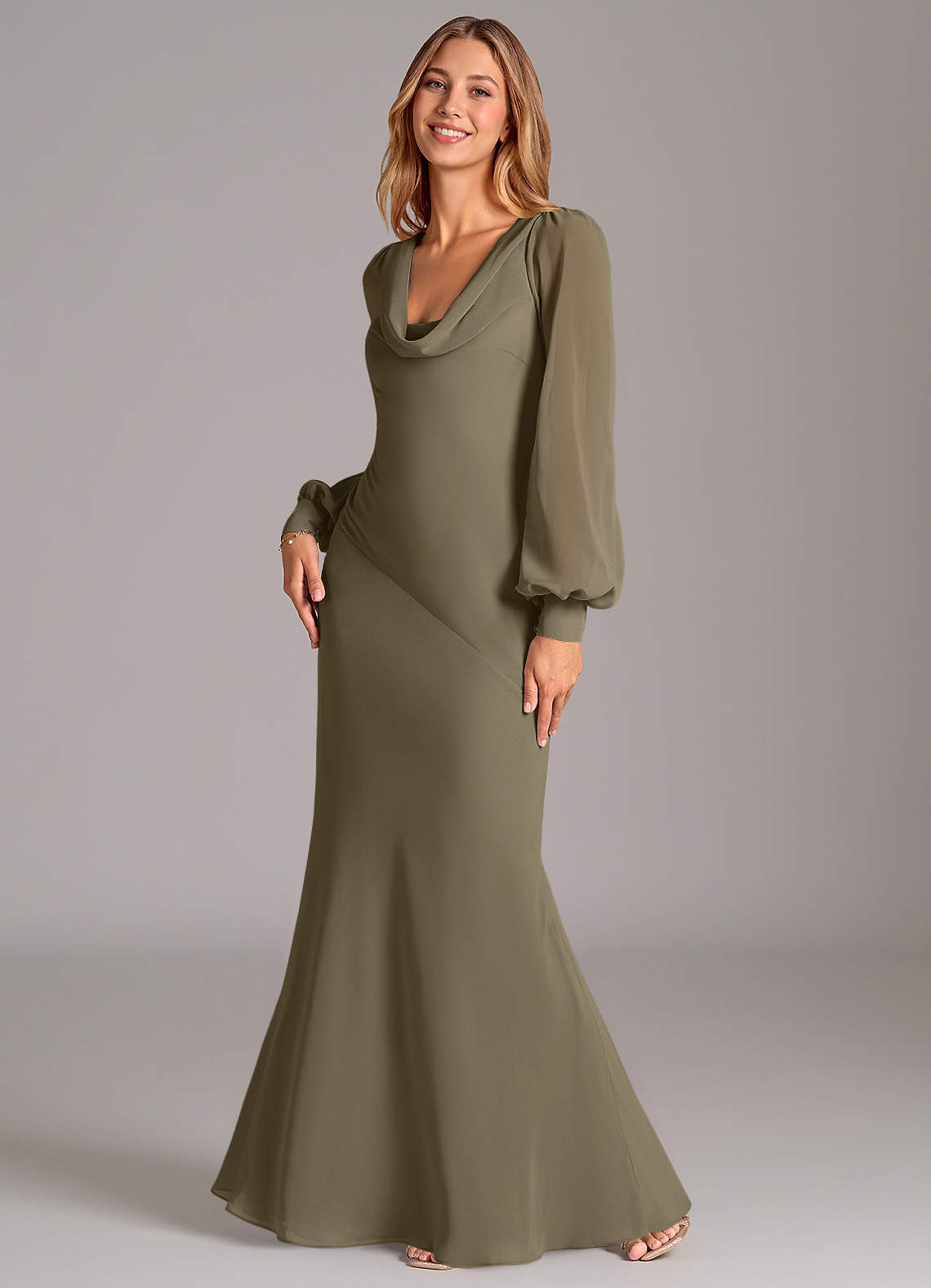 Azazie Rylina Bridesmaid Dresses Willow Green Mermaid Long Sleeve Chiffon Dress image1