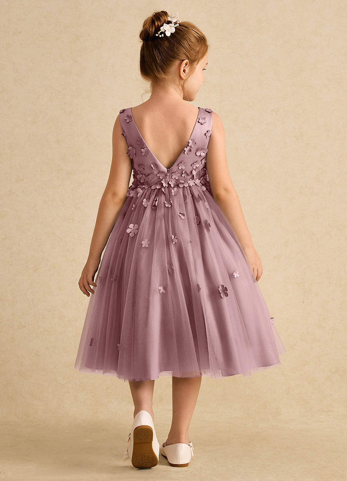 Azazie Lana Blumenmädchenkleider A-Linie ärmellos Matte Satin Kleid Altrosa image1