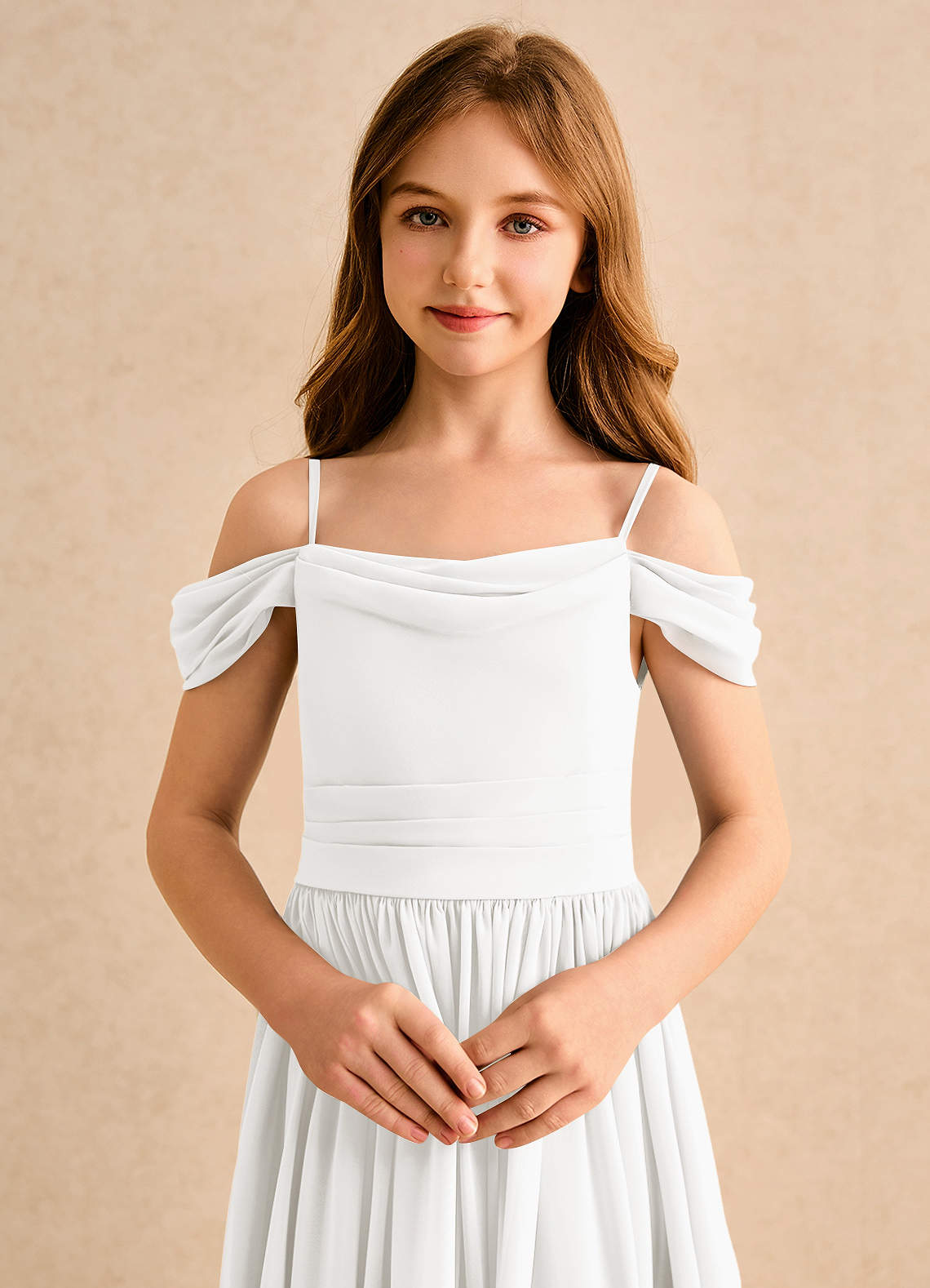 Azazie Shia Girls Formal Flower Girl Dresses Ivory A-Line Off the Shoulder Chiffon Dress image5