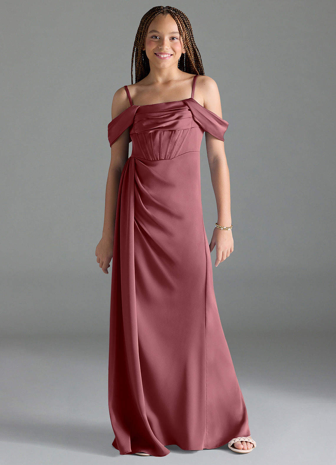 Azazie Amyra Junior Desert Rose Sheath Off the Shoulder Stretch Satin Dress image1