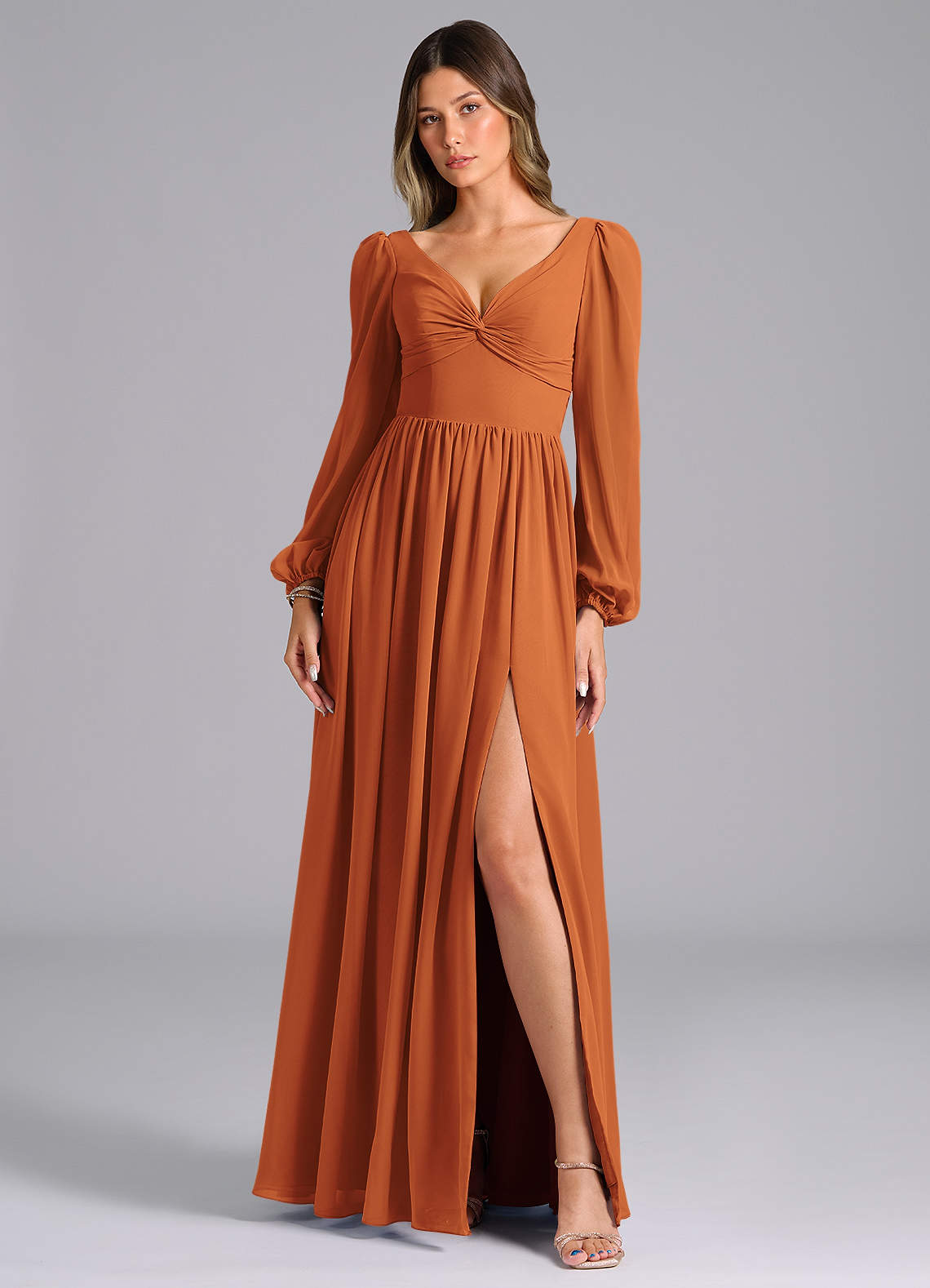 cinnamon long dress Azazie Teri
