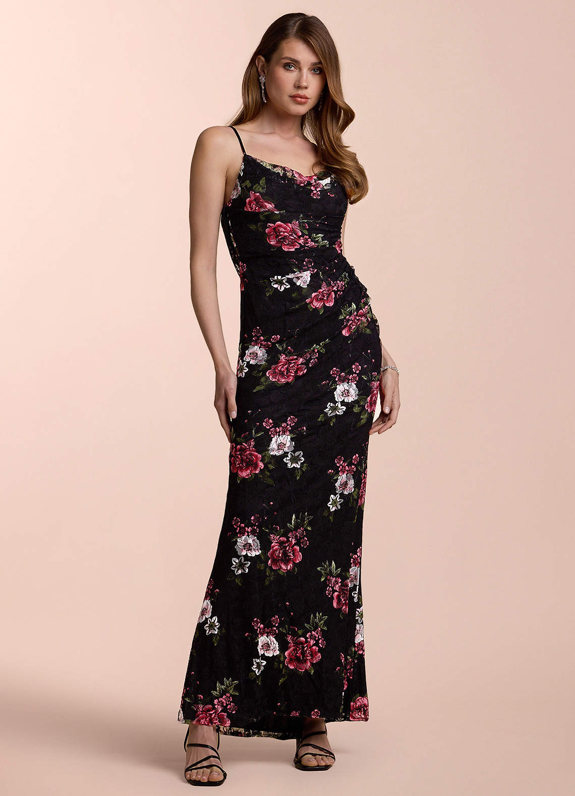 strapless open back dress London Times Black Pink Flower Print Maxi Dress – New Yorker's Apparel