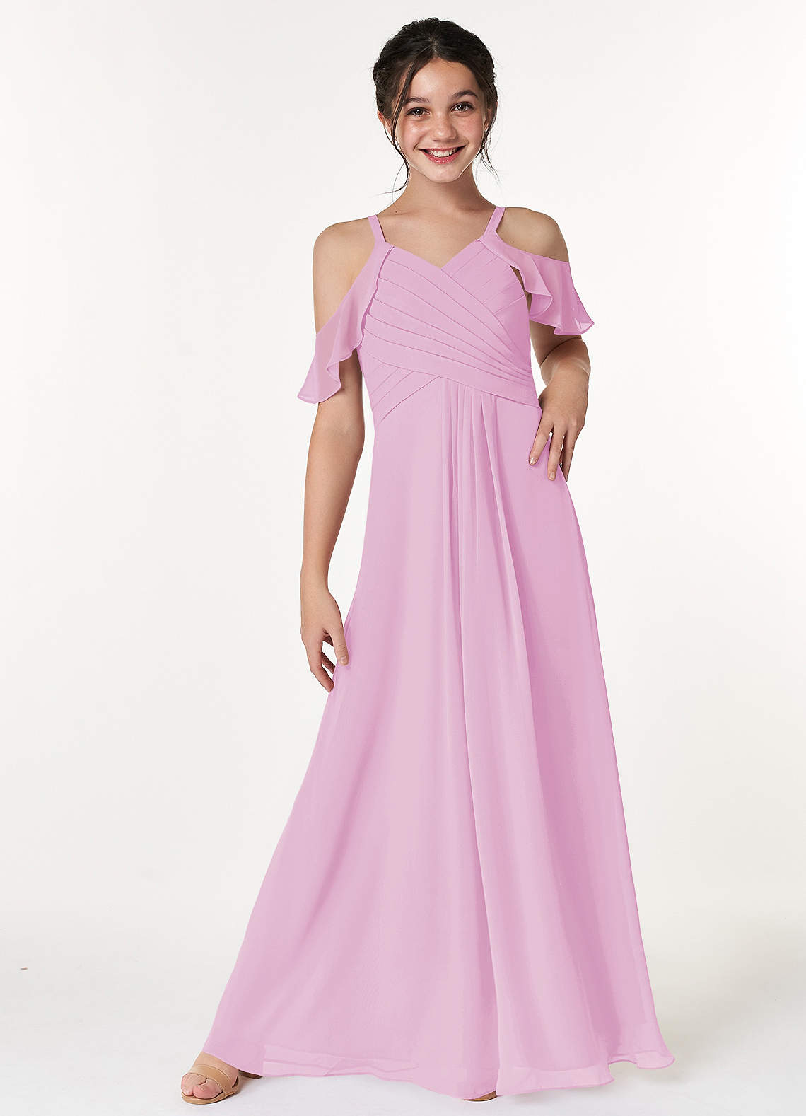 Azazie Dakota Junior Robe Trapèze en Mousseline de soie Épaule décolletée Rose Bonbon image1