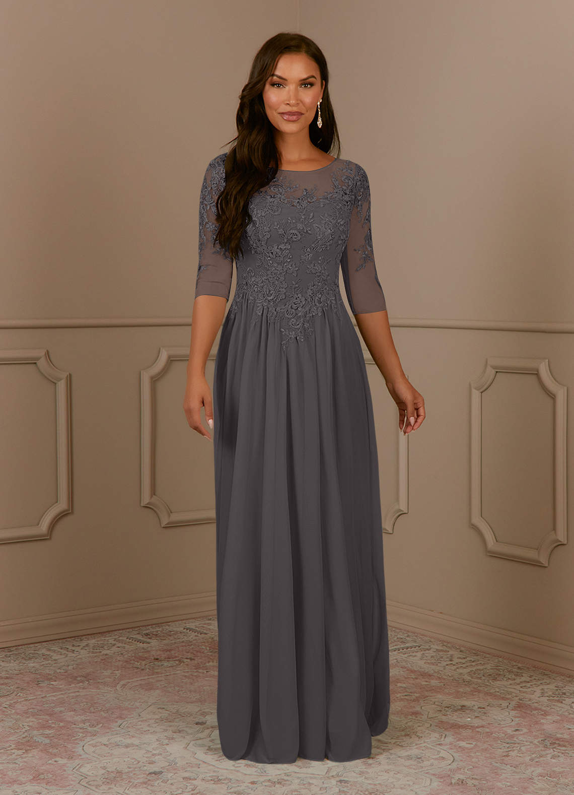Azazie Harriet Mère de la mariée Robes Robe Trapèze en Maille Dentelle en forme d'anneau Gris Acier image1