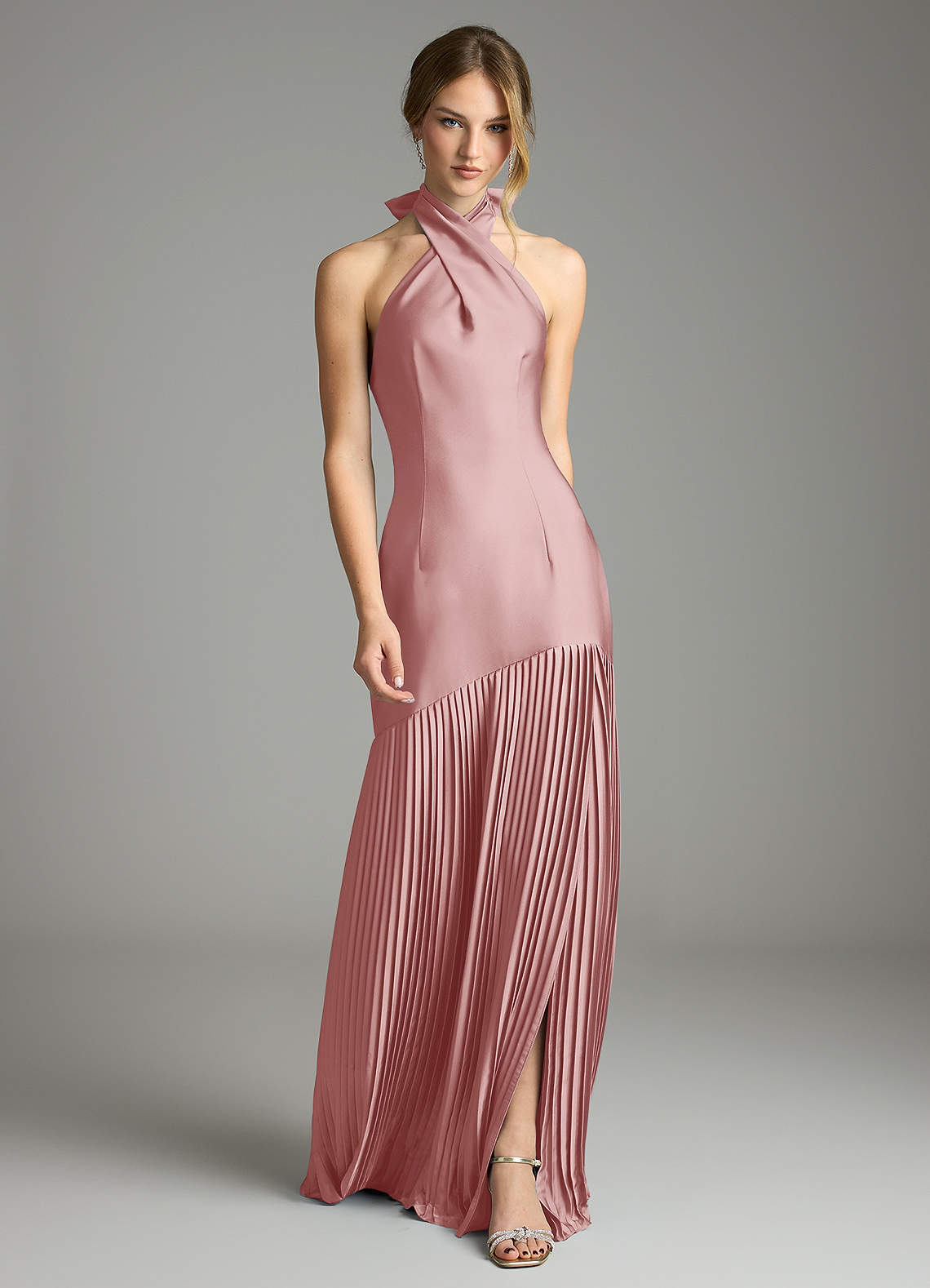 Azazie Nayeli Jurken voor bruidsmeisjes Jurk van Stretch Satijn met A-Lijn Geplooid Stoffige Roos image1