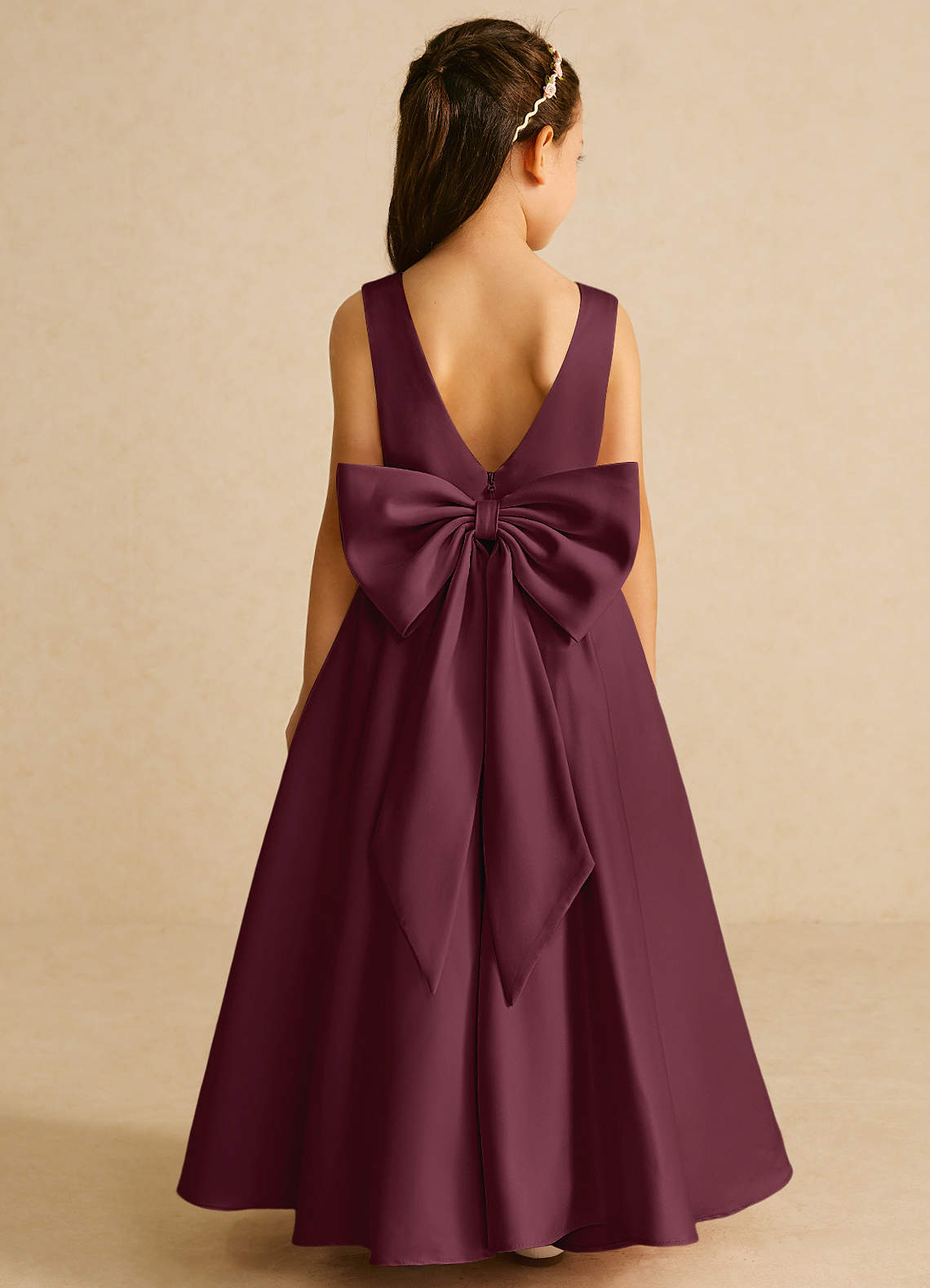 Azazie Pipsy Flower Girl Dresses Cabernet A-Line Bow Matte Satin Dress image1