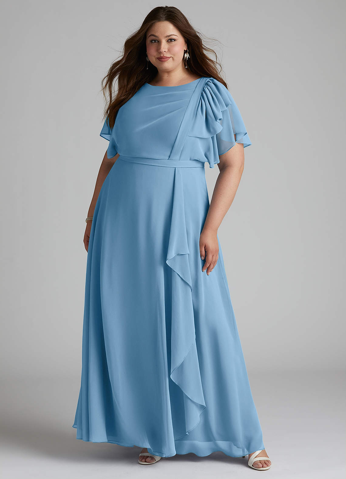 Azazie Aaliyah Abiti da damigella modesti Abito A-Line con Scollo a U a Pieghe Chiffon Floor-Length image1
