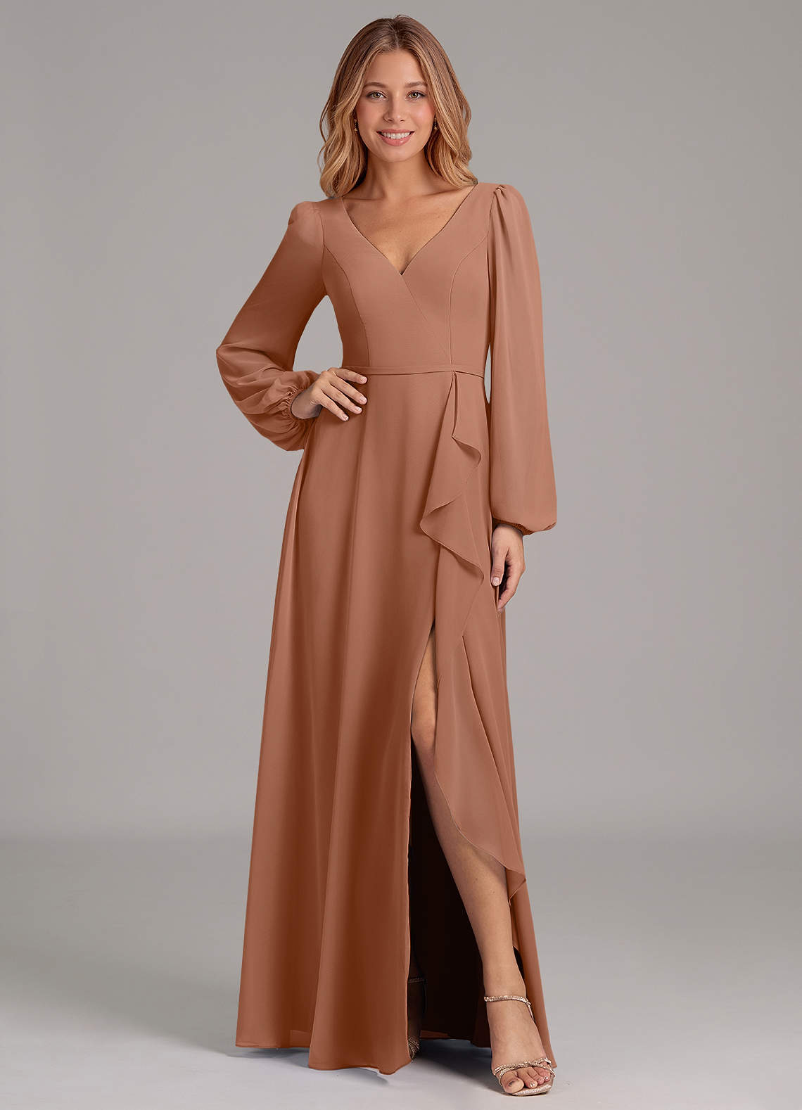 Azazie Simone Bridesmaid Dresses Bronzer A-Line Long Sleeve Chiffon Dress image1