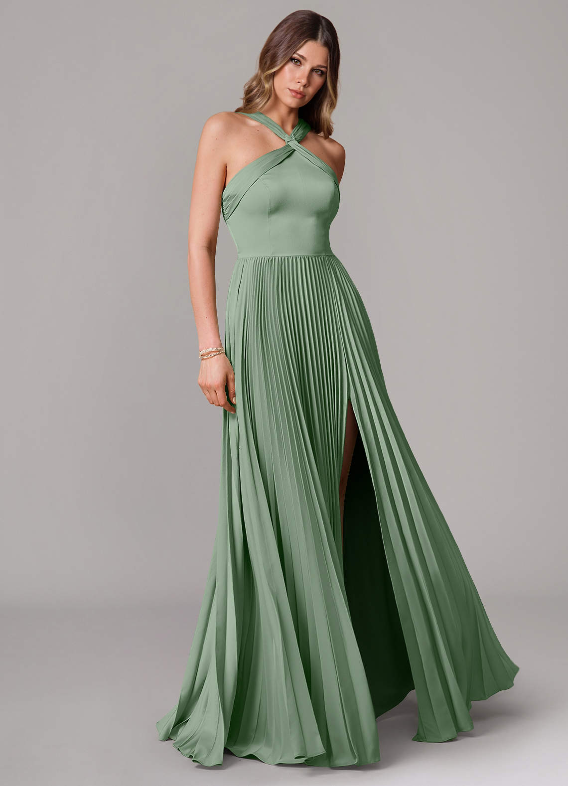 Azazie Afra Bridesmaid Dresses Matcha A-Line Pleated Stretch Satin Dress image1