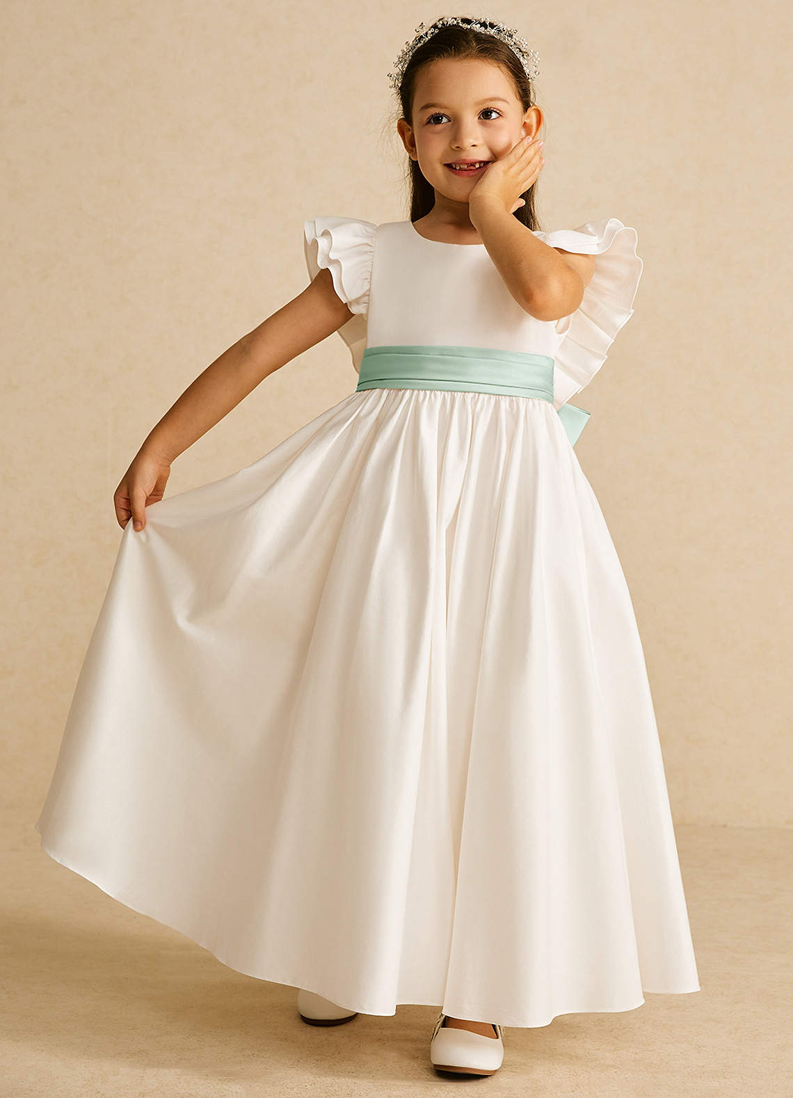 Azazie Aero Flower Girl Dresses Ivory Agave A-Line Pleated Cotton Dress image5