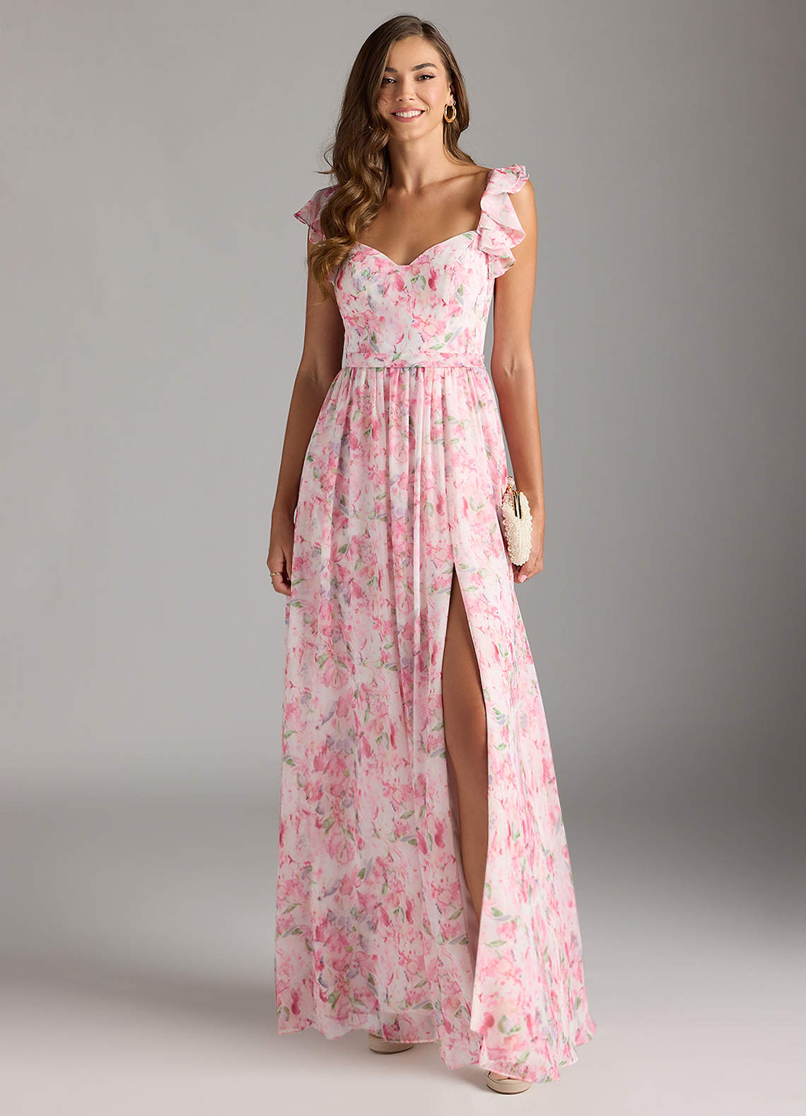 Azazie Nalin Bridesmaid Dresses Abstract Watercolor Floral A-Line Ruched Chiffon Dress image1