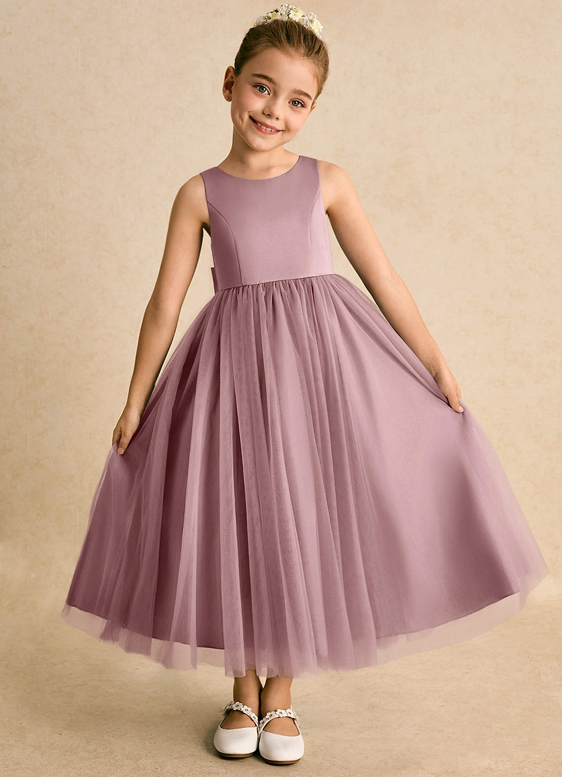 Azazie Solia Abiti da Ragazza di Fiori Abito Principessa in Tulle Fiocco Rosa Polverosa image4