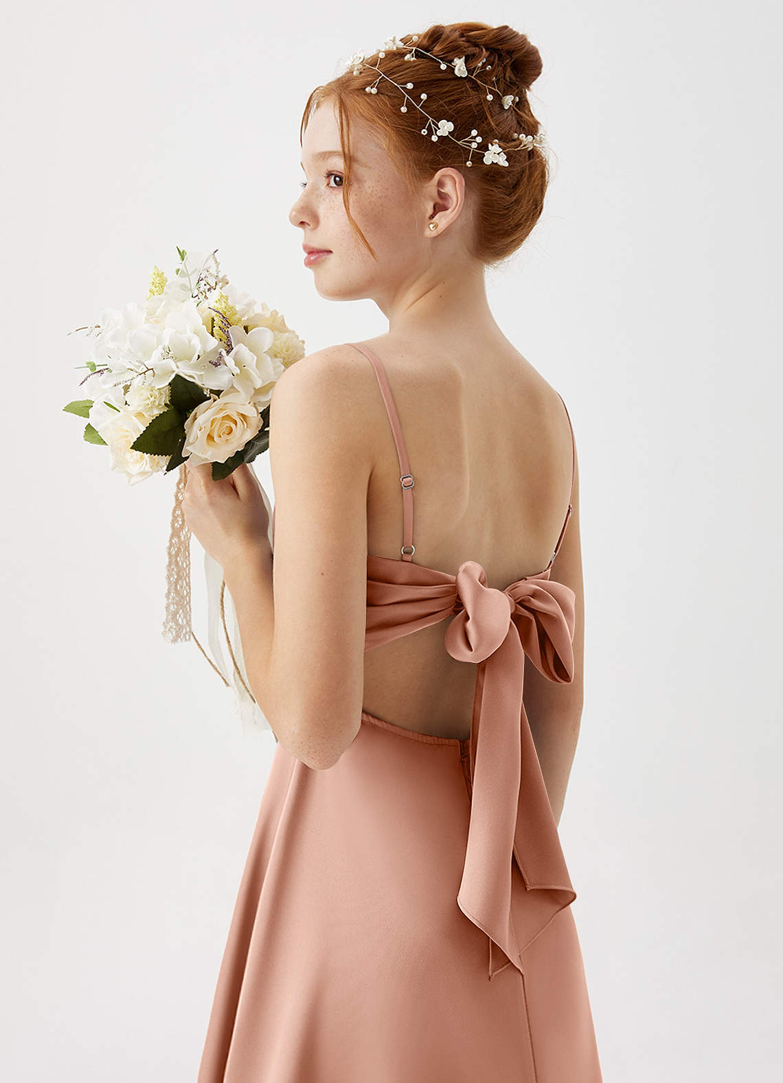 Azazie Shale Junior Rose Gold A-Line Stretch Satin Dress image1