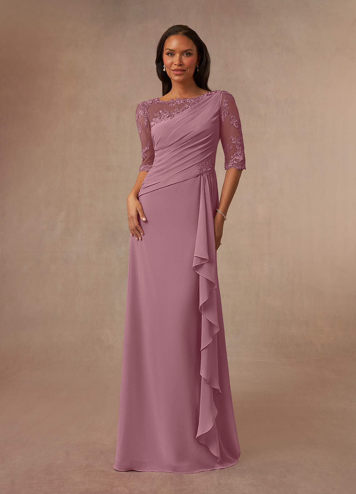 Azazie Dionysus Mother of the Bride Dresses Vintage Mauve A-Line Boatneck Lace Chiffon Dress image1