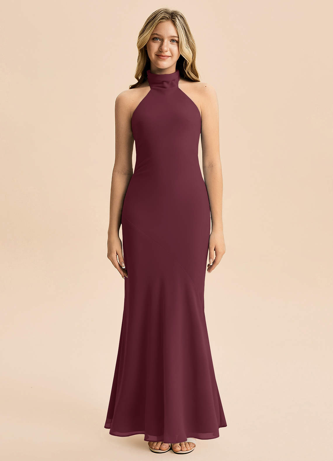 Azazie Velli Junior Cabernet Mermaid High Neck Chiffon Dress image2