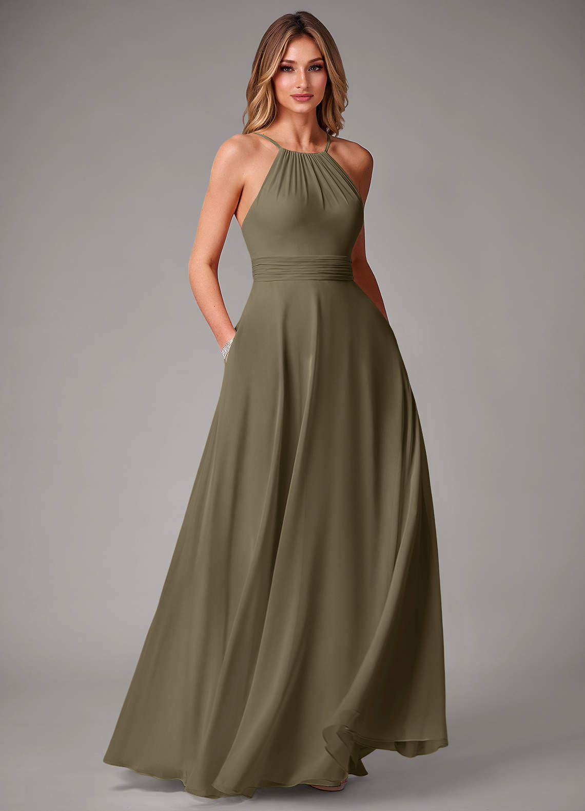 Azazie Amalia Bridesmaid Dresses Willow Green A-Line Pleated Chiffon Dress image1