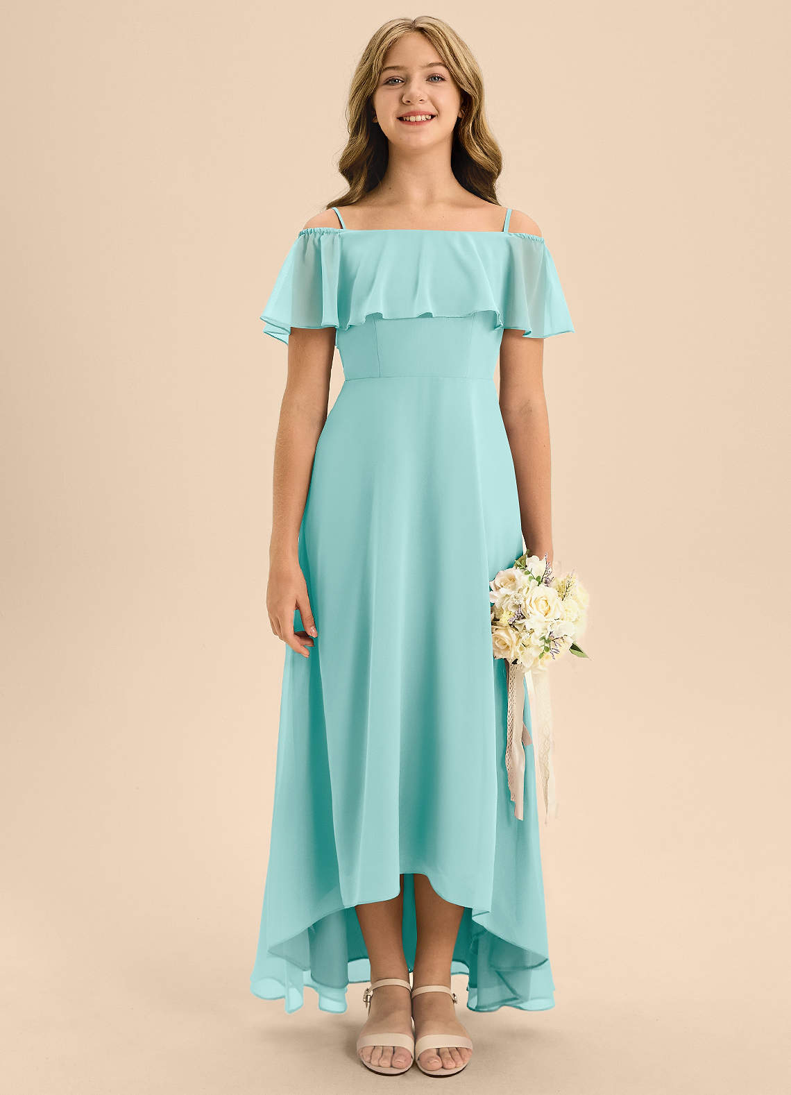Azazie Maggie Junior Aqua A-Line Off the Shoulder Chiffon Dress image1