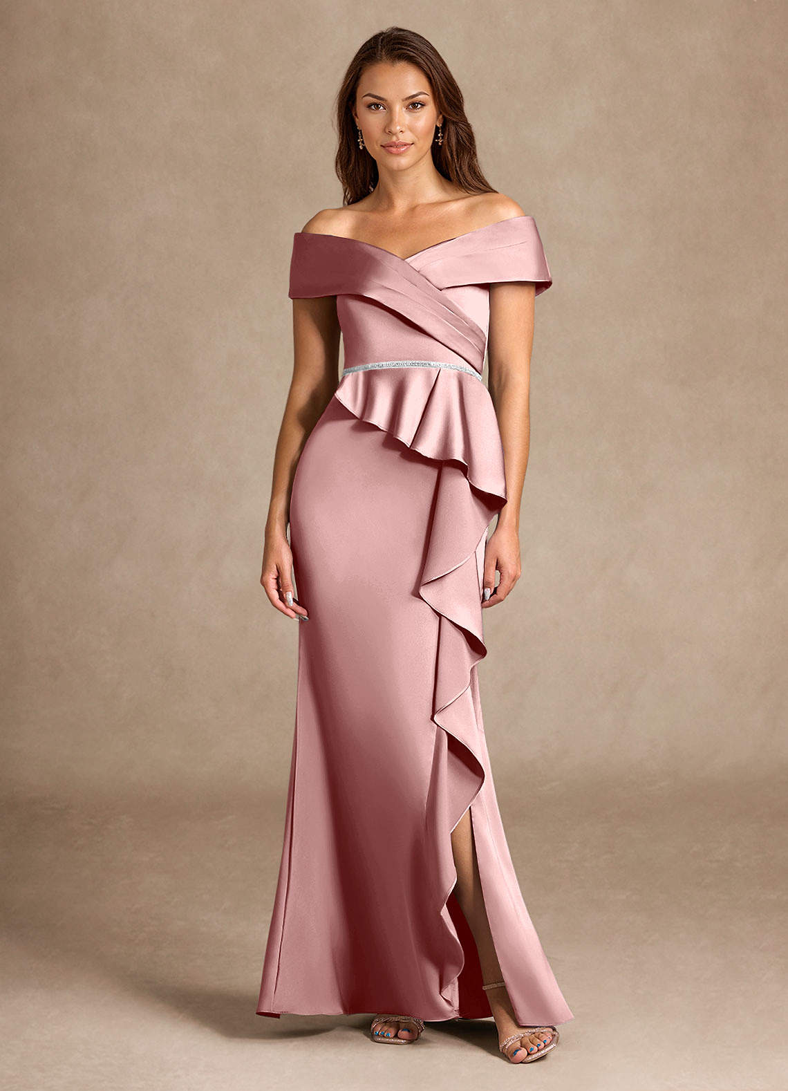 Azazie Dareia Mother of the Bride Dresses Dusty Rose Mermaid Off the Shoulder Stretch Satin Dress image1