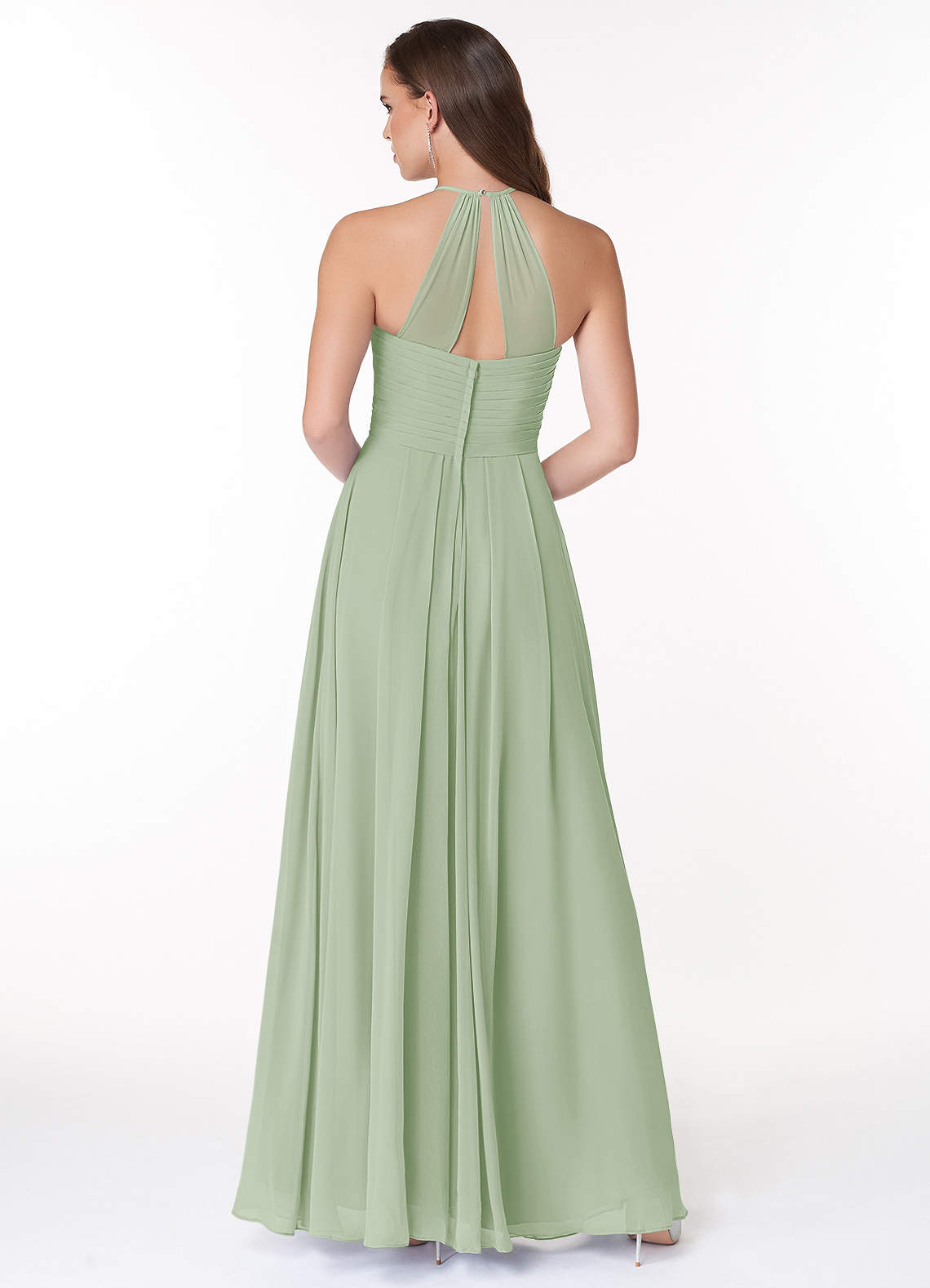 Azazie Ginger Vestidos de damas de honor Vestido de Salvia Polvorienta de Gasa de Corte en A con Halter Plisado image1