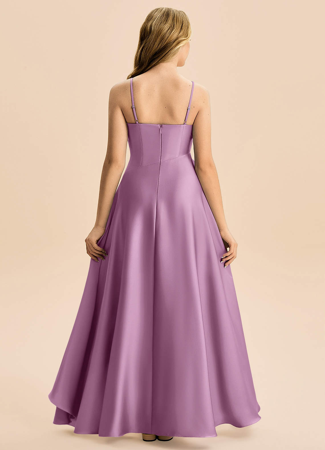 Azazie Eirlys Junior Abito A-Line in Raso Elasticizzato Plissettato Glicine image1