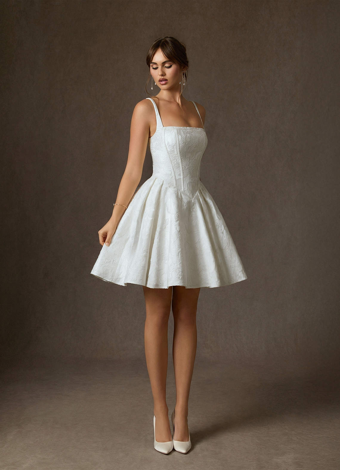 Azazie Daisley Wedding Dresses Diamond White A-Line with Pockets Floral Jacquard Dress image2