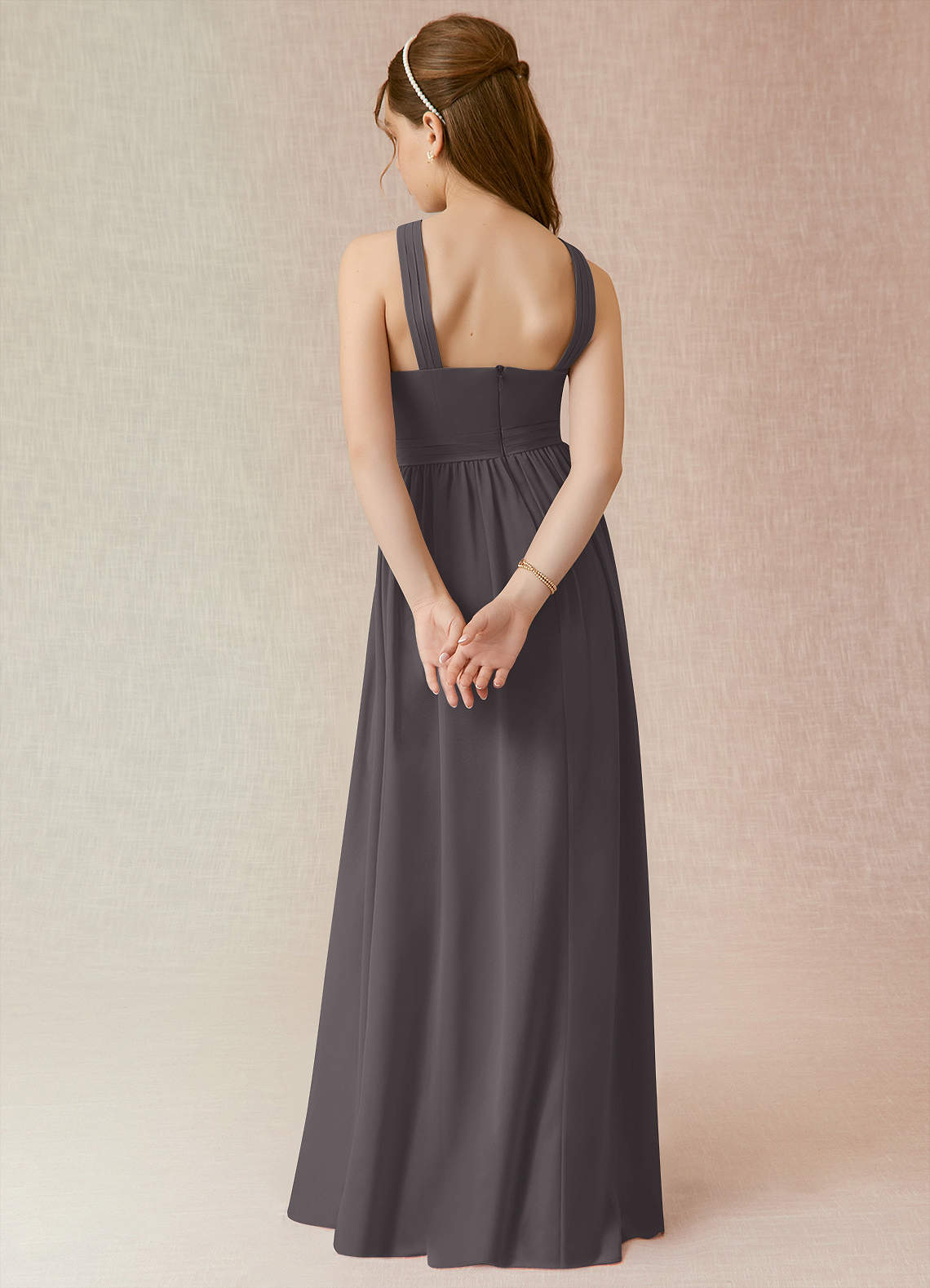 Azazie Jiya Junior Steel Grey A-Line Pleated Chiffon Dress image1