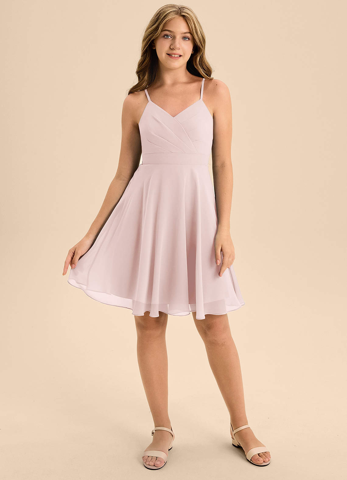 Azazie Avelina Junior Vestido de Rosa Rubor de Gasa de Corte en A con Plisado image1