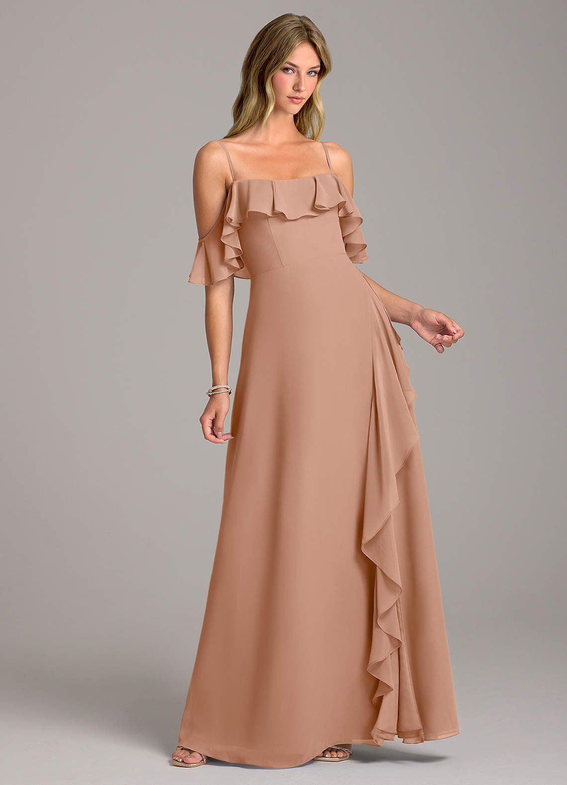Azazie Aubrie Jurken voor bruidsmeisjes Jurk van Chiffon met A-Lijn Off the Shoulder Champagne Roos image1