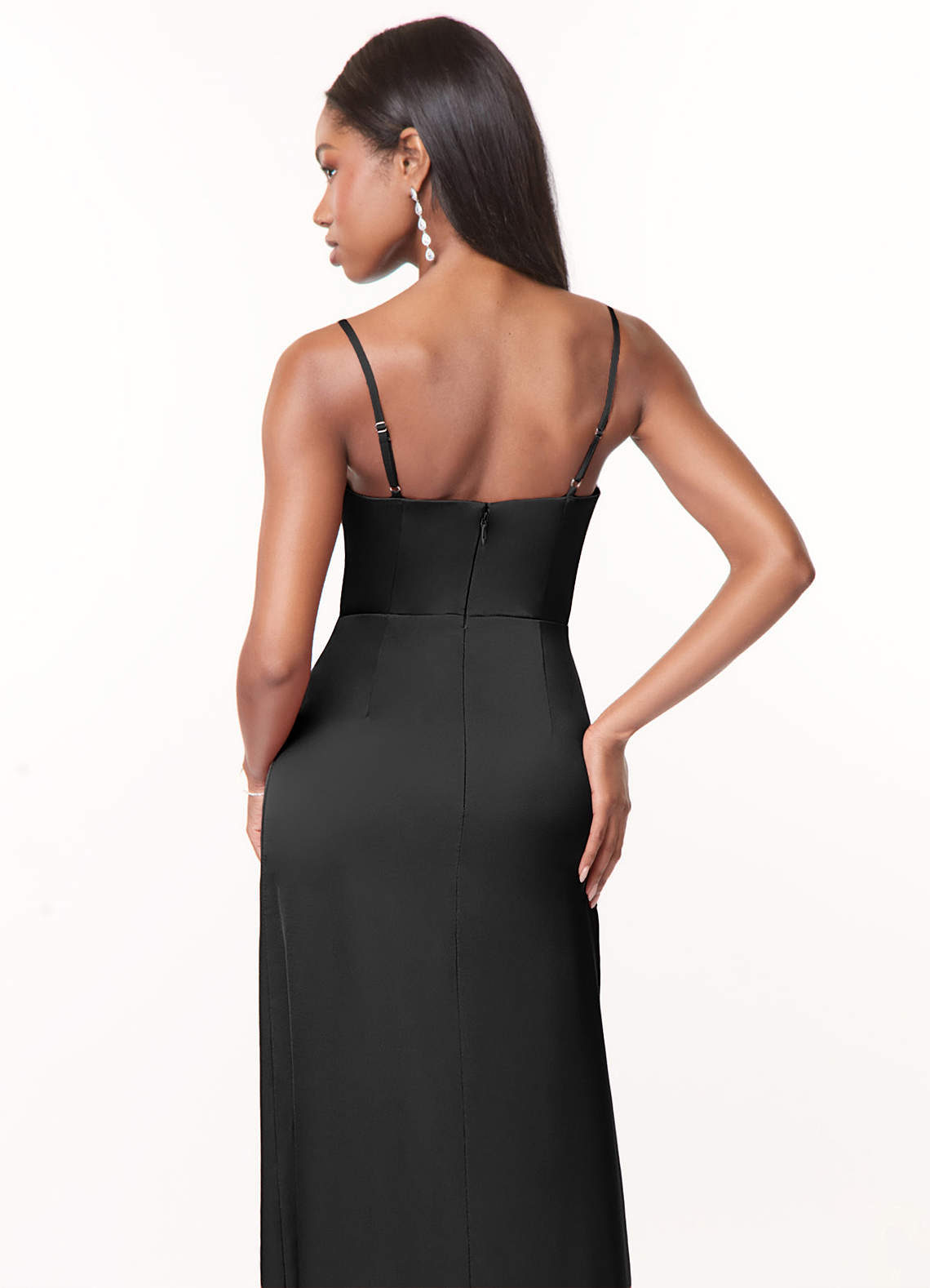 Azazie Maci Bridesmaid Dresses Black A-Line V-Neck Pleated Stretch Satin Dress image3